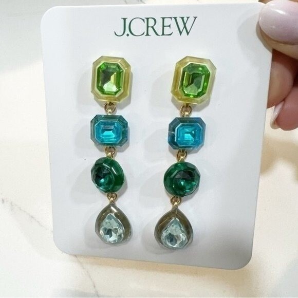 J.Crew Multi Color Crystal Drop Earrings | Green Blue Teal Gold Tone Statement - Picture 4 of 5